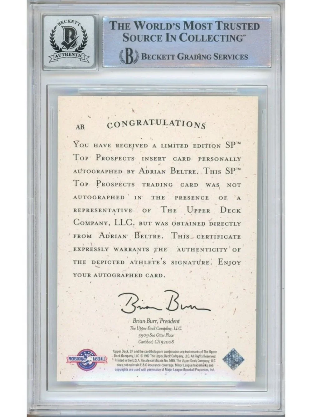 Adrian Beltre Signed 1998 SP Top Prospects #AB Dodgers BGS Auto 10 Slabbed